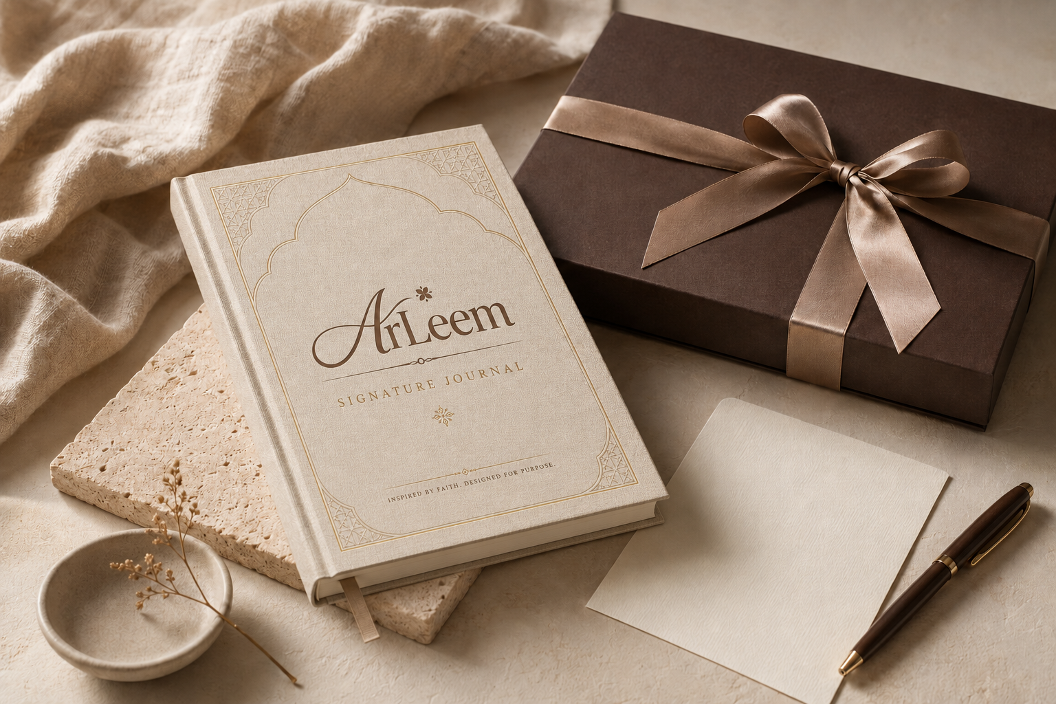 ArLeem Signature Journal, stationery and gift box arranged on warm stone